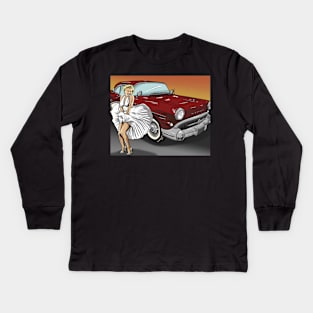 Marilyn Monroe with 1957 Buick Century Kids Long Sleeve T-Shirt